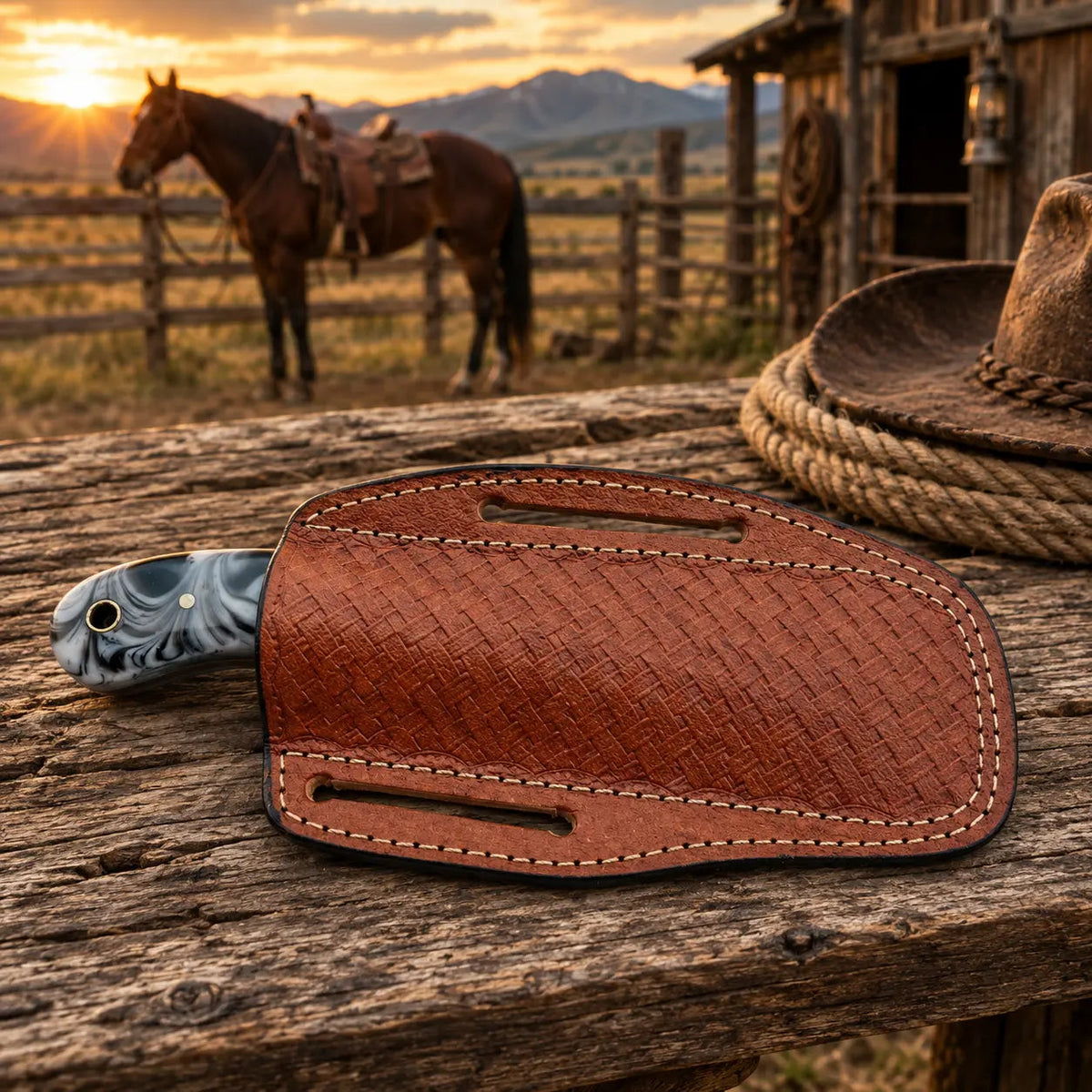 Redstone Damascus Cowboy Bull Cutter Knife – Resin Handle & Leather Sheath