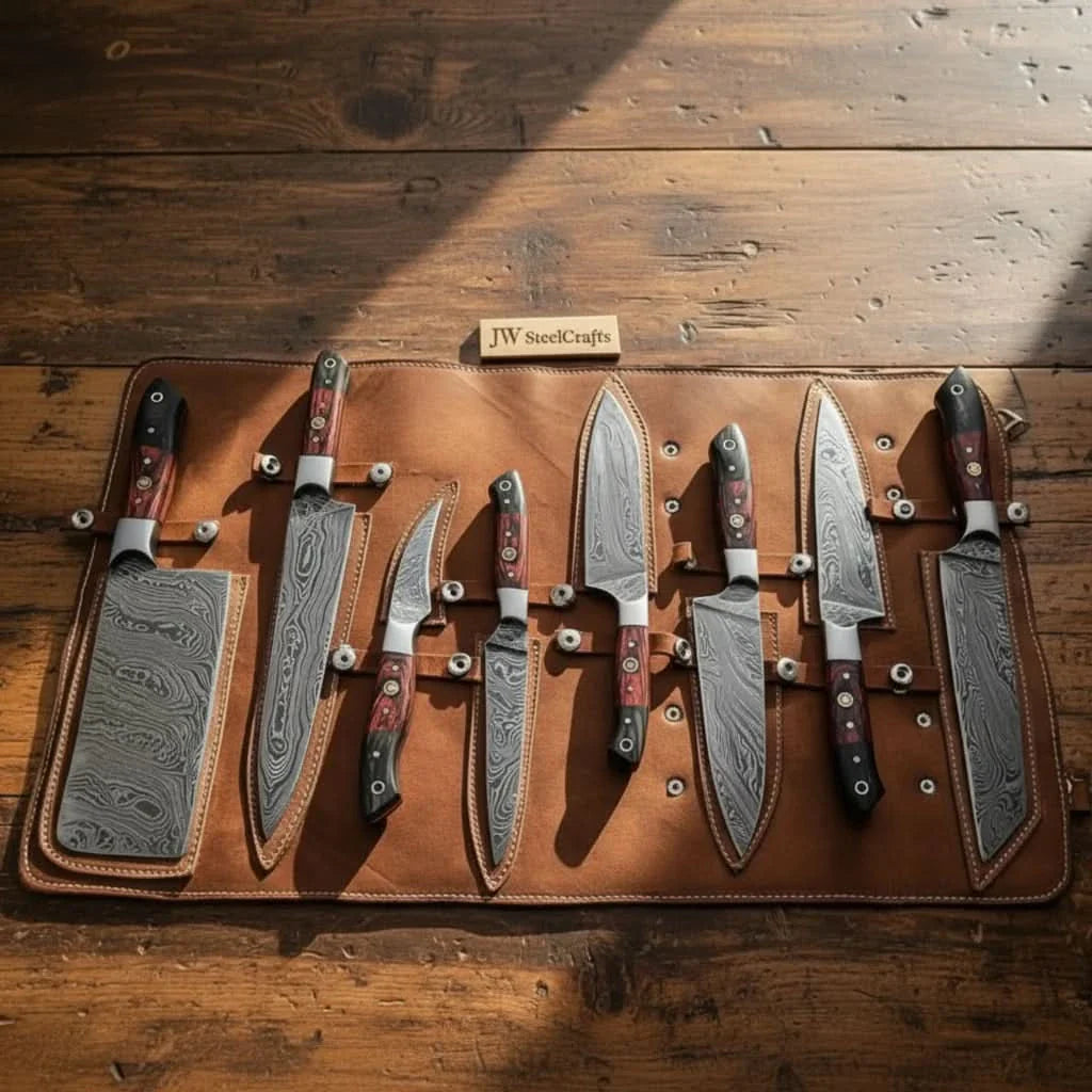 8-Piece Damascus Kitchen Knife Set — 7 to 13 Inch Blades with Black and Red Pakka Wood Handles, Mosaic Pins & Leather Roll | JW Steel Crafts