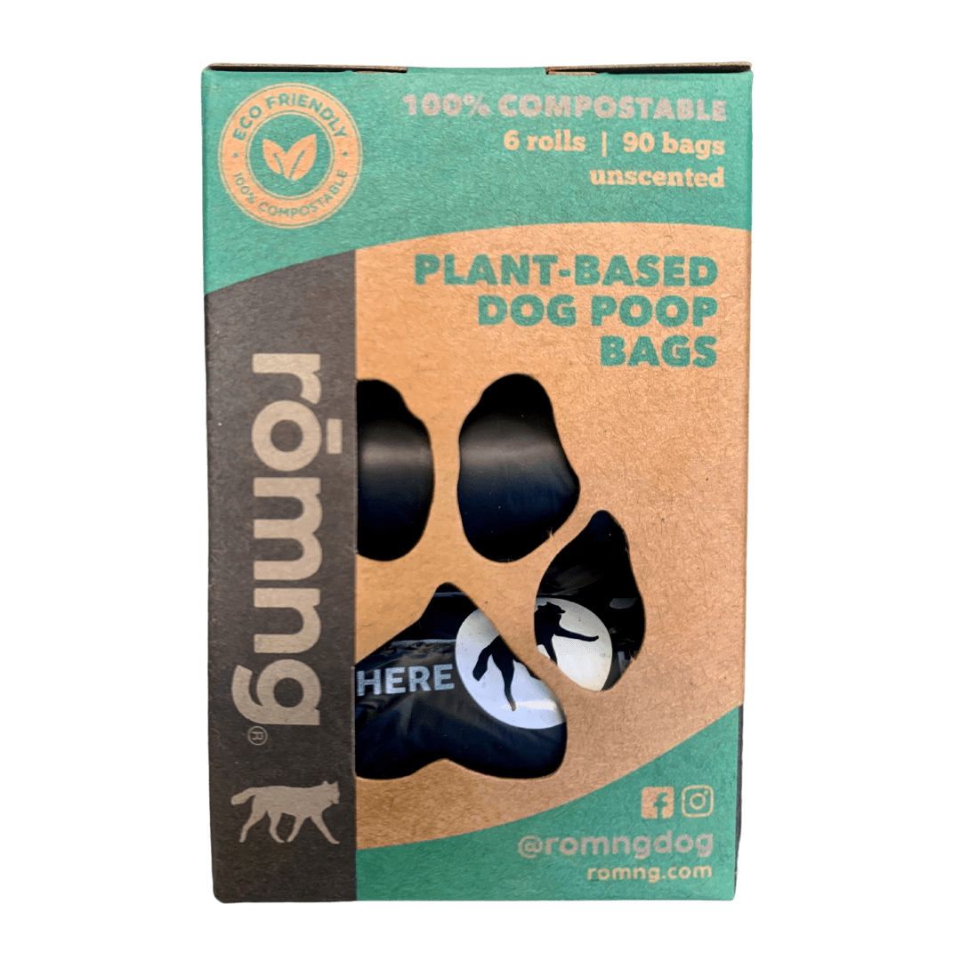 compostable plant-based dog poop bags + bamboo dispenser
