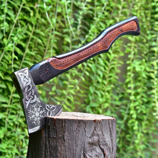 Norse Axe with Custom Handmade Forged Engraved 1095 Steel Blade and Hand Engraved Rosewood Handle – Valhalla Edge