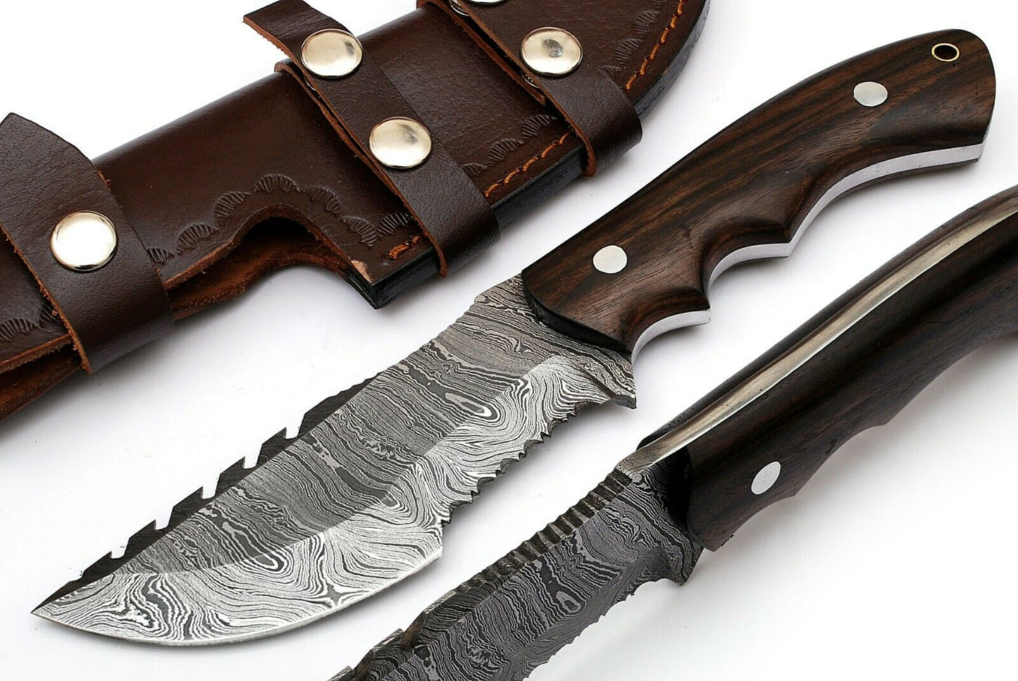 Custom Handcrafted Damascus Steel Tom Brown Tracker Knife - 10" Rosewood Handle with Horizontal Leather Sheath | Survival, Camping, Tactical | KBS Knives