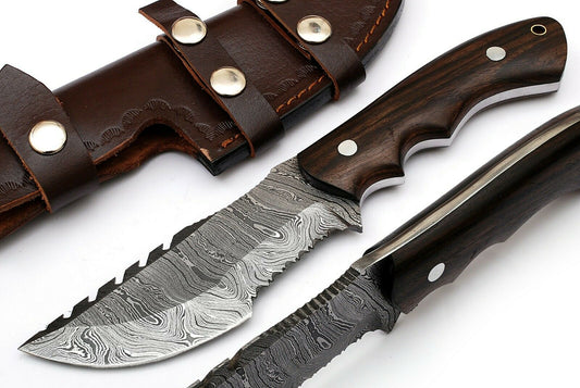 Custom Handcrafted Damascus Steel Tom Brown Tracker Knife - 10" Rosewood Handle with Horizontal Leather Sheath | Survival, Camping, Tactical | KBS Knives