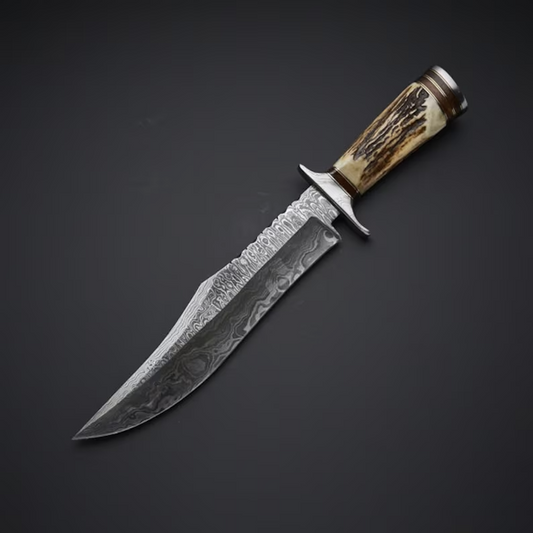 Heritage Hunter: Bowie Knife with Twist Damascus Steel Blade, Antler Horn Handle, and Leather Sheath