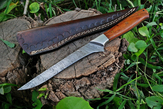 Custom Handmade Damascus Steel Fillet Knife with Rose Wood and Steel Bolster Handle