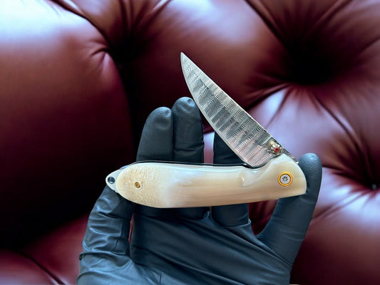 Handmade Damascus Steel Pocket Knife with Bone Handle