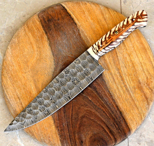 Artisan’s Choice: Custom Handmade Chef’s Knife with Damascus Steel Blade and Epoxy Pine-cone Handle, 13-Inch with Leather Sheath