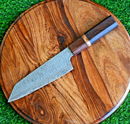 Artisan Edge: Custom Handmade Santoku Knife with Damascus Steel Blade, Rosewood Handle, and Leather Roll