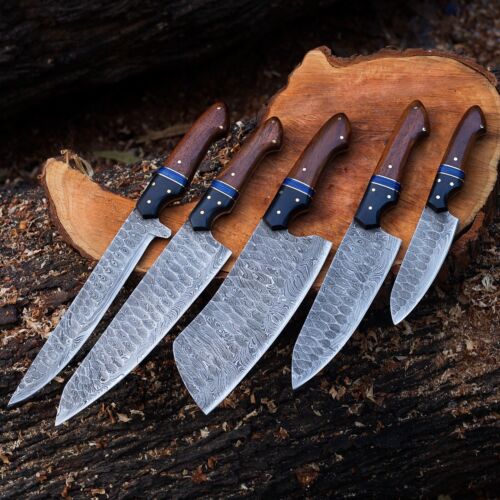 Custom Handmade Damascus Steel Knife Set with Rosewood
