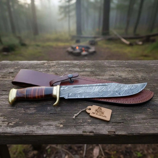 Sheffield Clip Point Bowie Knife Handmade Damascus Steel Blade Brass Guard Leather Sheath JW SteelCrafts