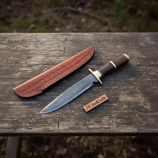 Sheffield Clip Point Damascus Bowie Knife with Hardwood Handle and Brass Guard – Handmade Fixed Blade JW SteelCrafts