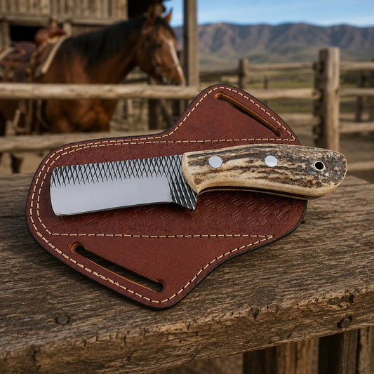 Stagrasp Rasp Steel Stag Horn Bull Cutter – Leather Sheath