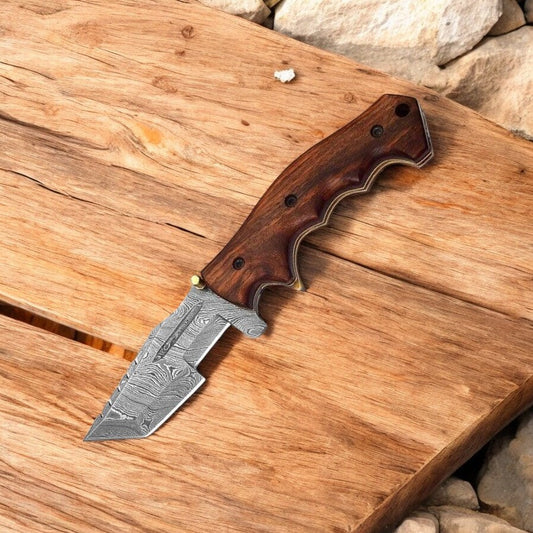 EDC Tracker Folding Pocket Knife - Damascus Blade & Rosewood Handle