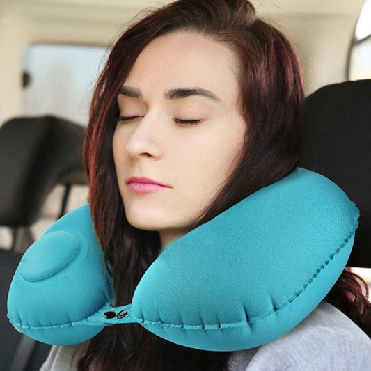 U-Shape Travel Pillow Automatic Air Inflatable Airplane Car Pillows Ring Pillow Folding Press Type Bed Pillows Neck Cushion Portable Inflatable U Shape Neck Comfortable Pillow Office Air Cushion Airplane Driving Nap Support Head Rest Travel Pillow