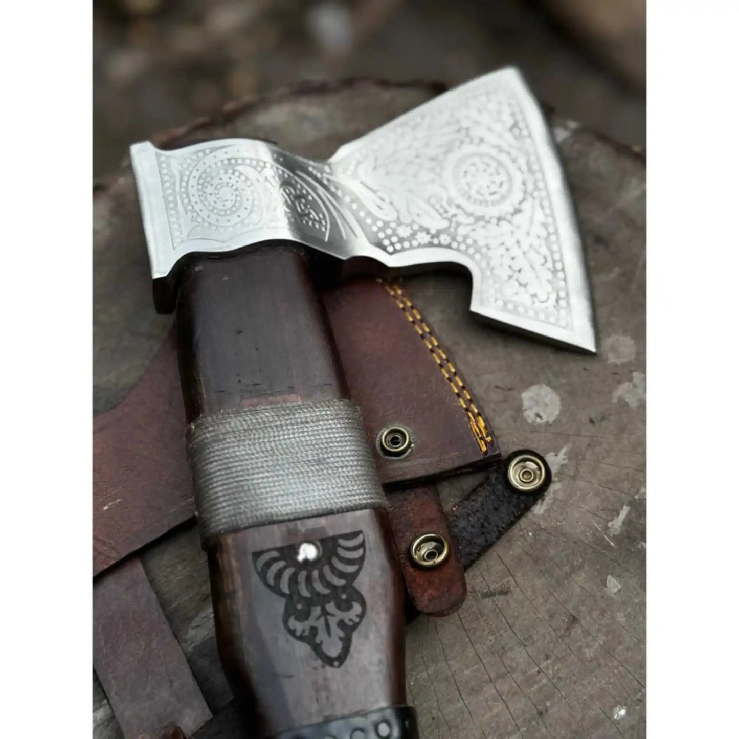 Viking Bearded Axe with Norse Engraved Blade and Leather Sheath