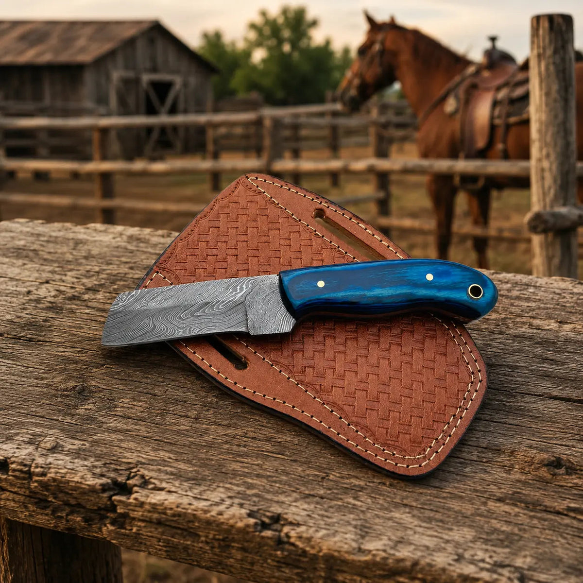 Westmere Damascus Cowboy Bull Cutter Knife – Pakkawood Handle & Leather Sheath