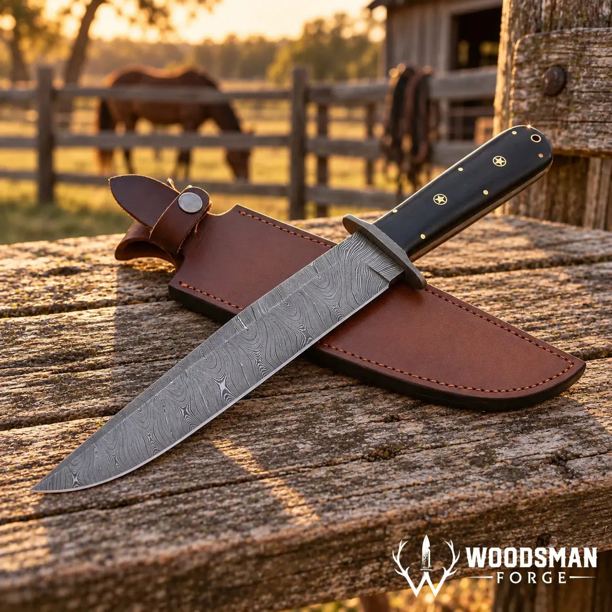 Blackridge Damascus Bowie Knife – Micarta Handle & Leather Sheath