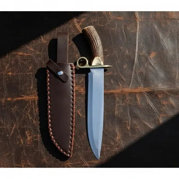 D2 Steel Bowie Knife – Mirror Polish, Stag Antler Handle & Leather Sheath