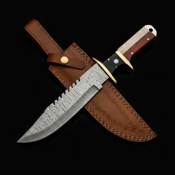 Handmade Damascus Bowie Knife – Rosewood & Bone Handle, Brass Guard & Leather Sheath