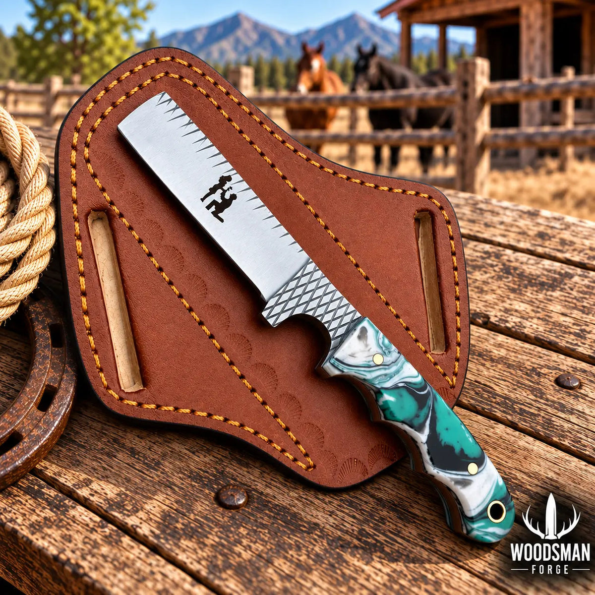 Ranchspire Rasp Steel Cowboy Bull Cutter Knife – Resin Handle & Leather Sheath