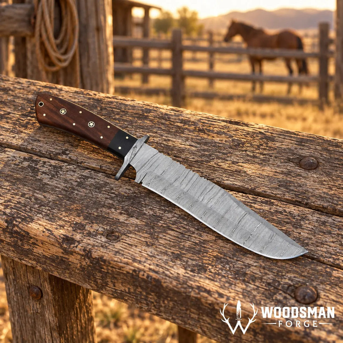 Rosebriar Damascus Bowie Knife – Rosewood Handle & Leather Sheath