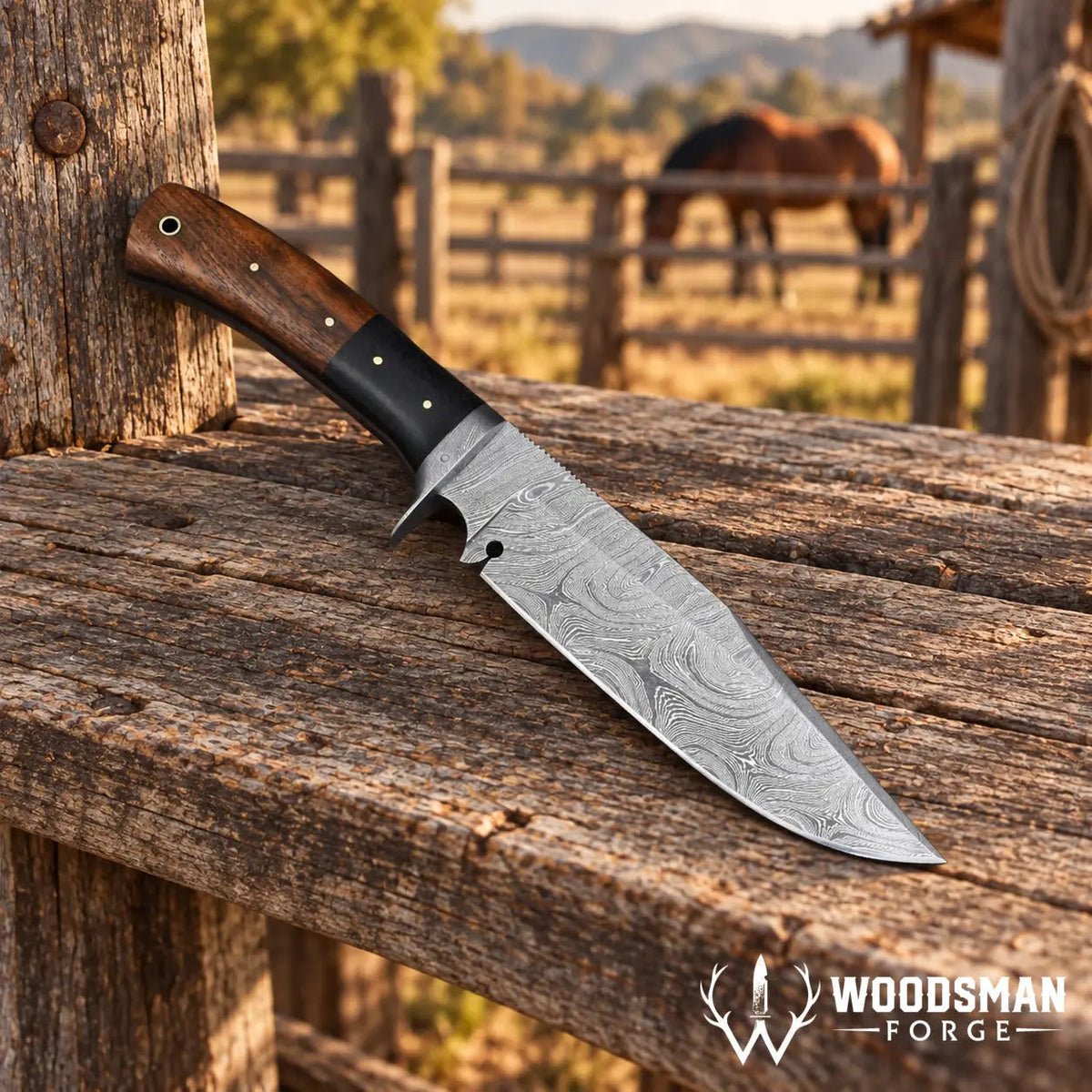 Roseforge Damascus Bowie Knife – Rosewood & Micarta Handle