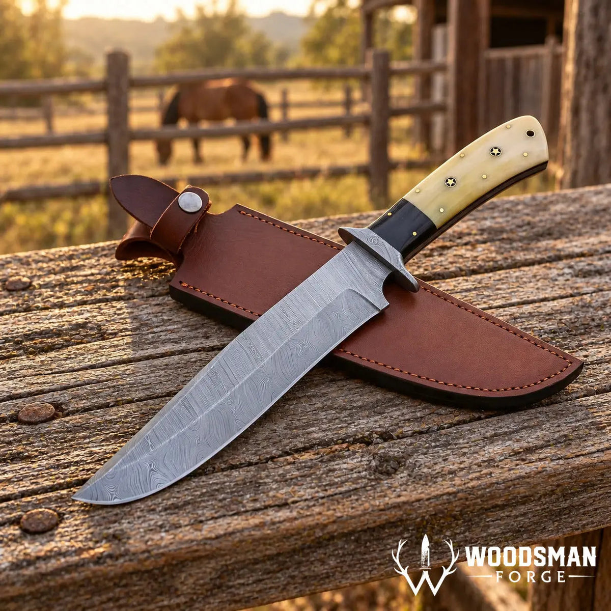 Stonewarden Damascus Bowie Knife – Bone Handle & Leather Sheath