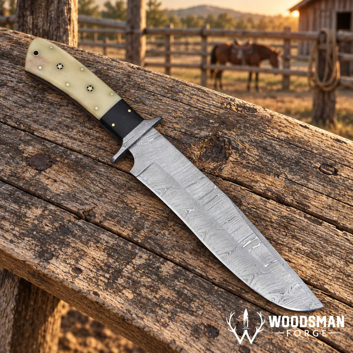 Stonewarden Damascus Bowie Knife – Bone Handle & Leather Sheath